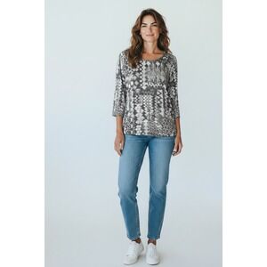 Ruby Rd Women Large Gray Abstract Patchwork Embellished Neck 3/4 Sleeve Top NWT